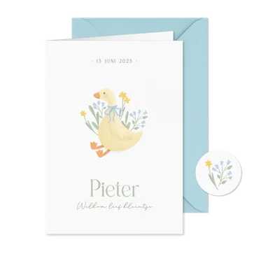 Schattig wit geboortekaartje jongentje met gansje en bloemen